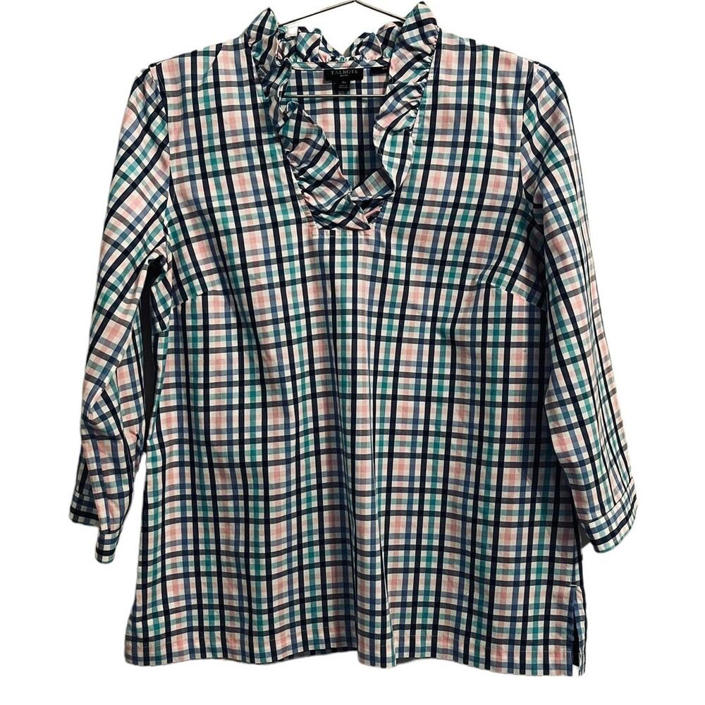 Talbots Women’s Pastel Plaid Ruffle Collar 3/4 Sleeve Top 4p
